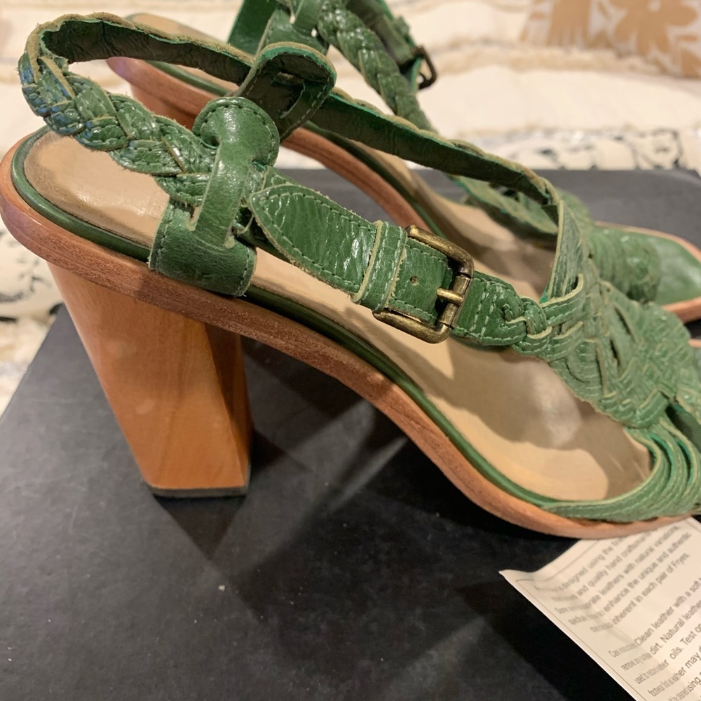 Frye Woven T-Strap Green sandal.